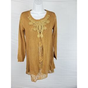 EUC Pretty Angel Brown Floral Lacy Knit Lightweight Long Sleeve Sweater Sz Small